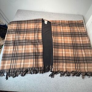 Martha Stewart Poncho Shawl Wrap Fleece Brown‎ Black Plaid Fringe Hem OS NEW